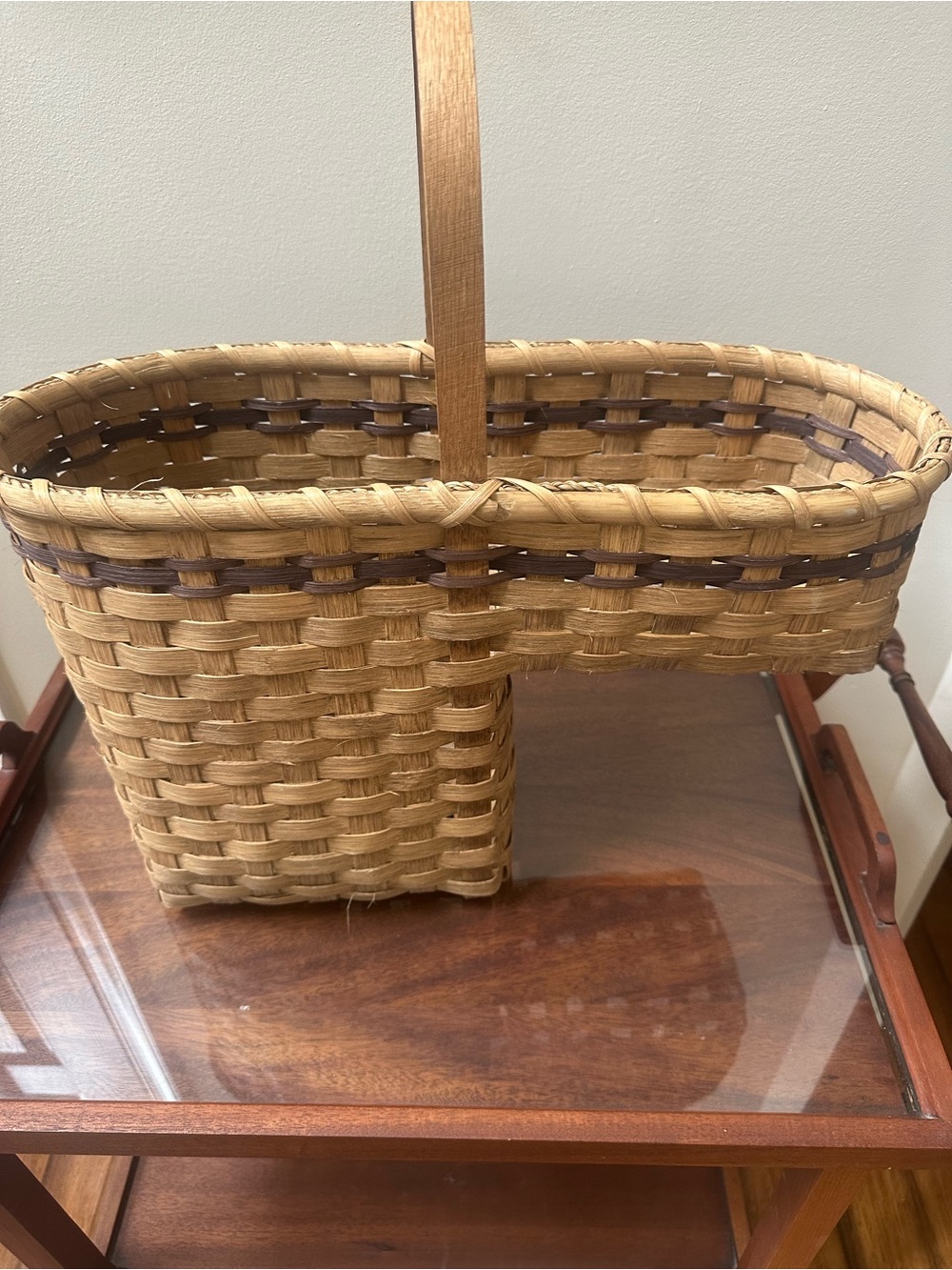 Vintage Woven Two-Tone Tan and Brown Handled Basket  Stair Basket